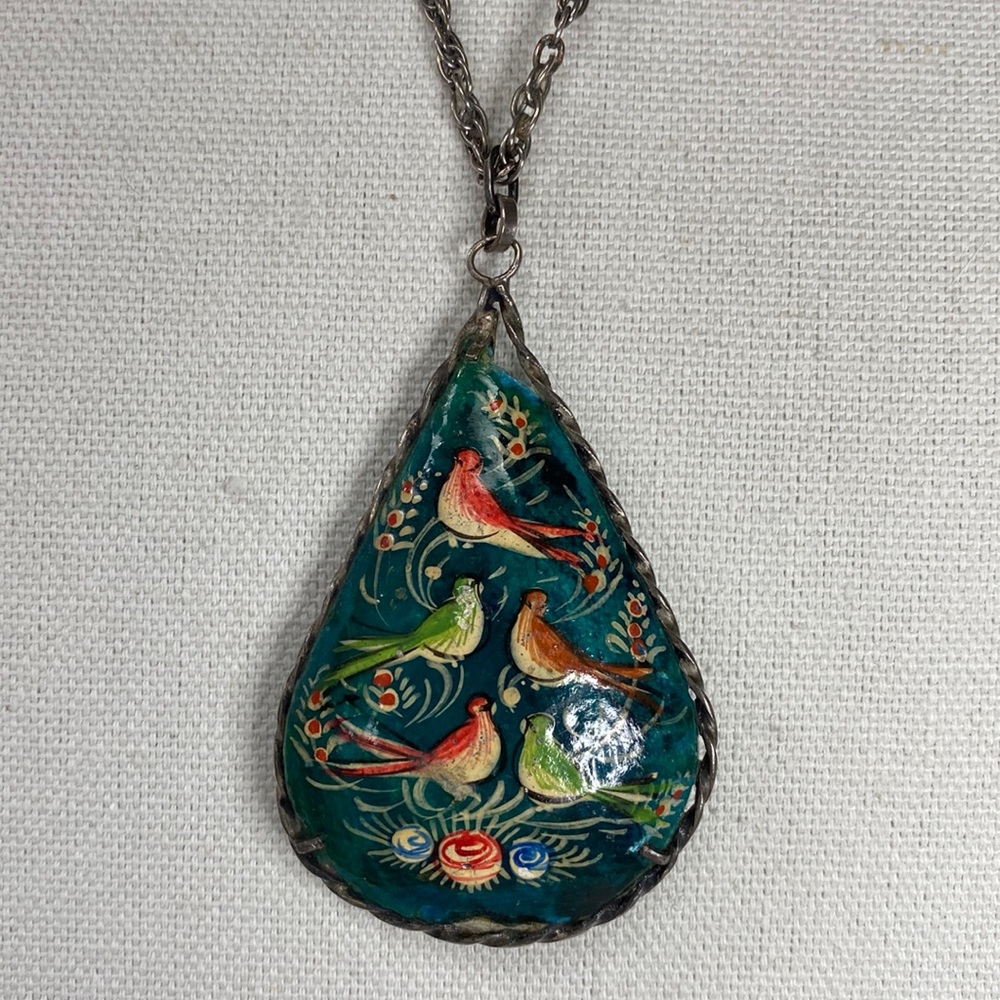 Vintage Persian hand painted medallion necklace sterling
